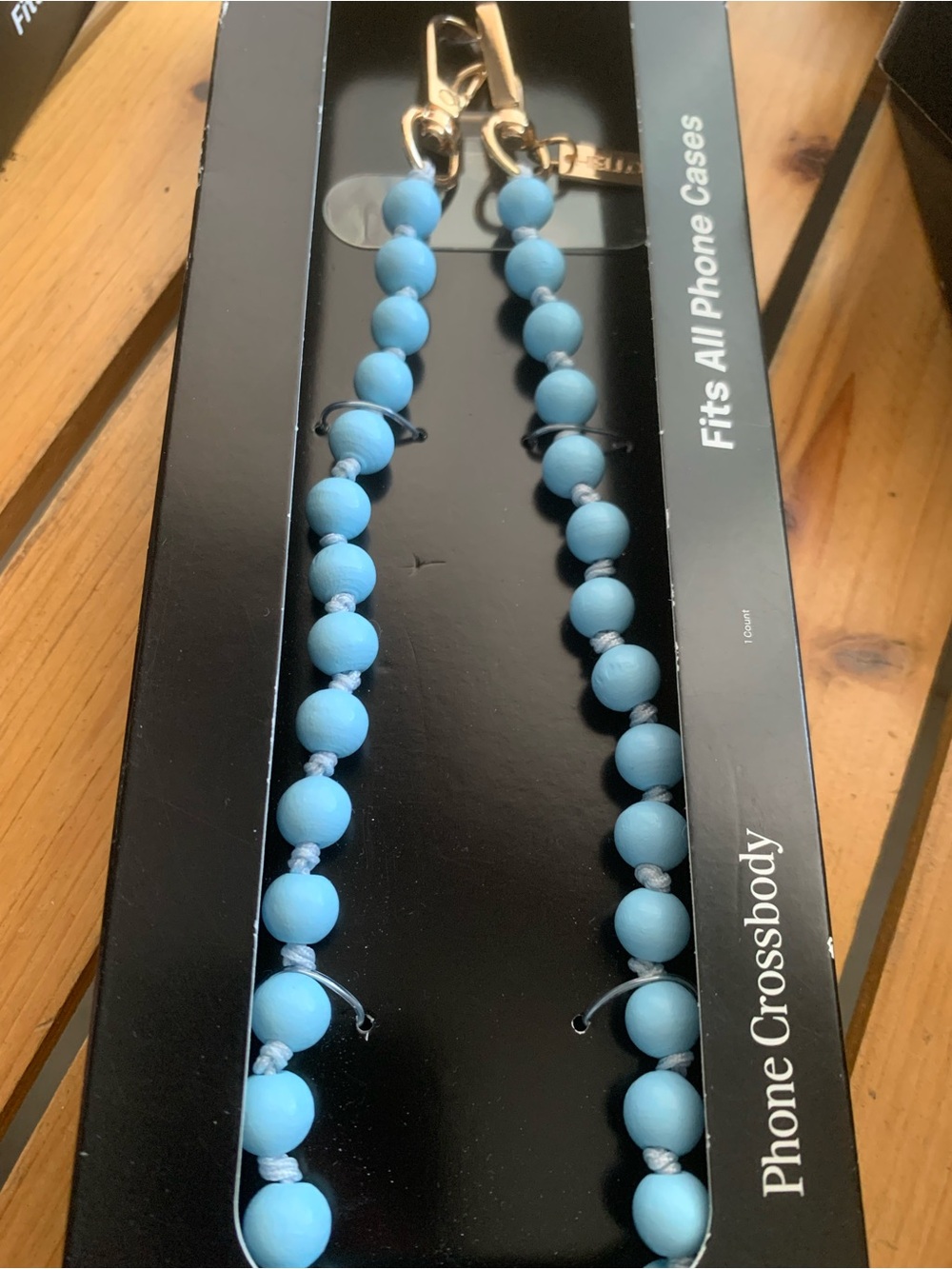 NIB Blue Beaded Crossbody phone Strap with Gold Hardware